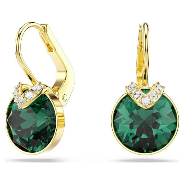 Swarovski Bella V Drop Earrings with round green crystals and gold-tone plating, featuring elegant, sparkling jewelry design.