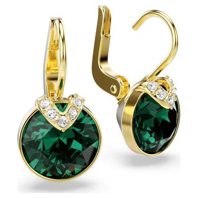 Swarovski Bella V drop earrings with round green crystals and gold-tone plating, elegant jewelry for special occasions.