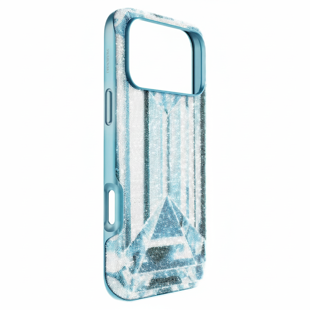 Swarovski Crystal Effect iPhone 17 Pro Max blue smartphone case with sparkling crystal accents and sleek design.