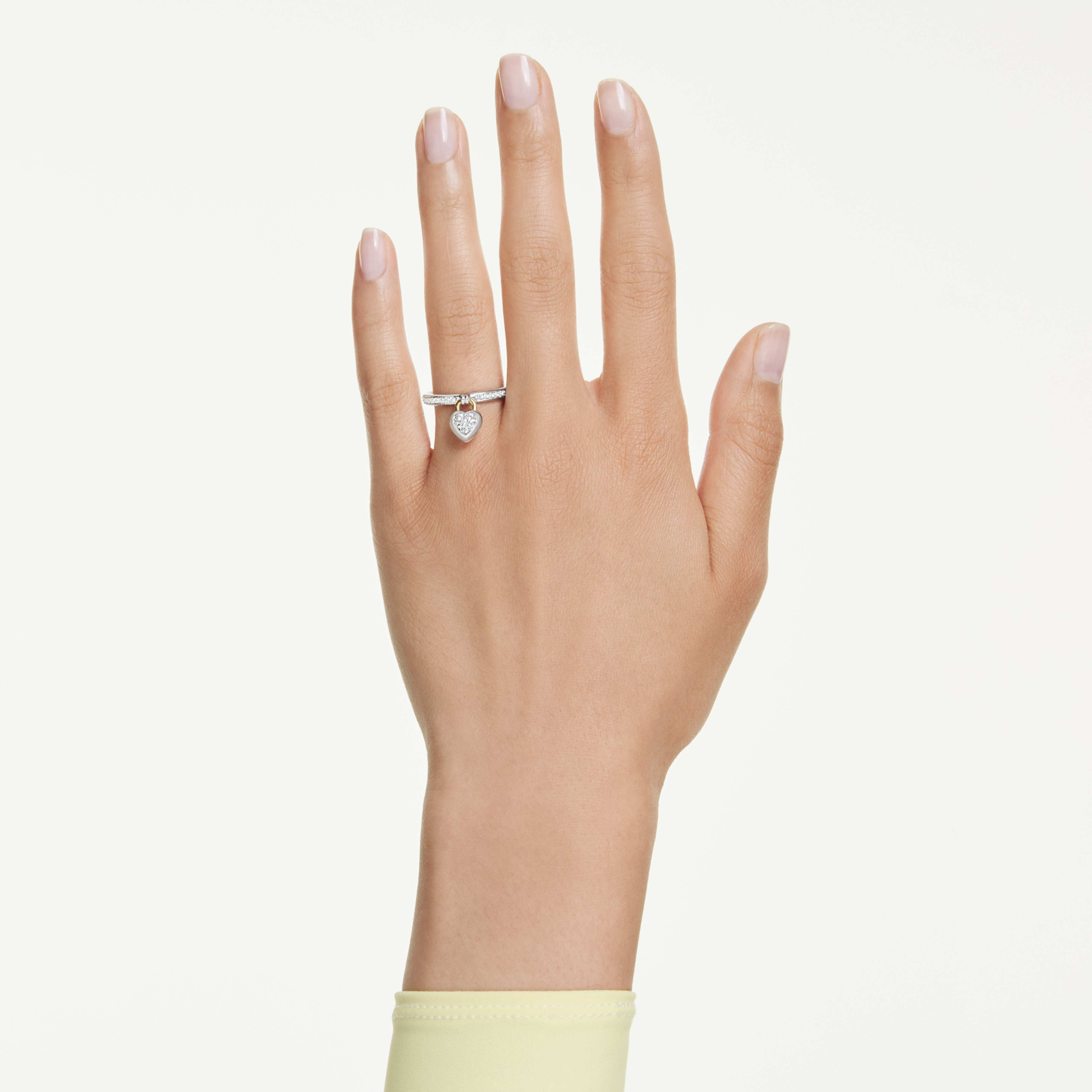Swarovski Idyllia Motif ring with pink heart and mixed metal finish featuring mixed cut crystals and intricate design.
