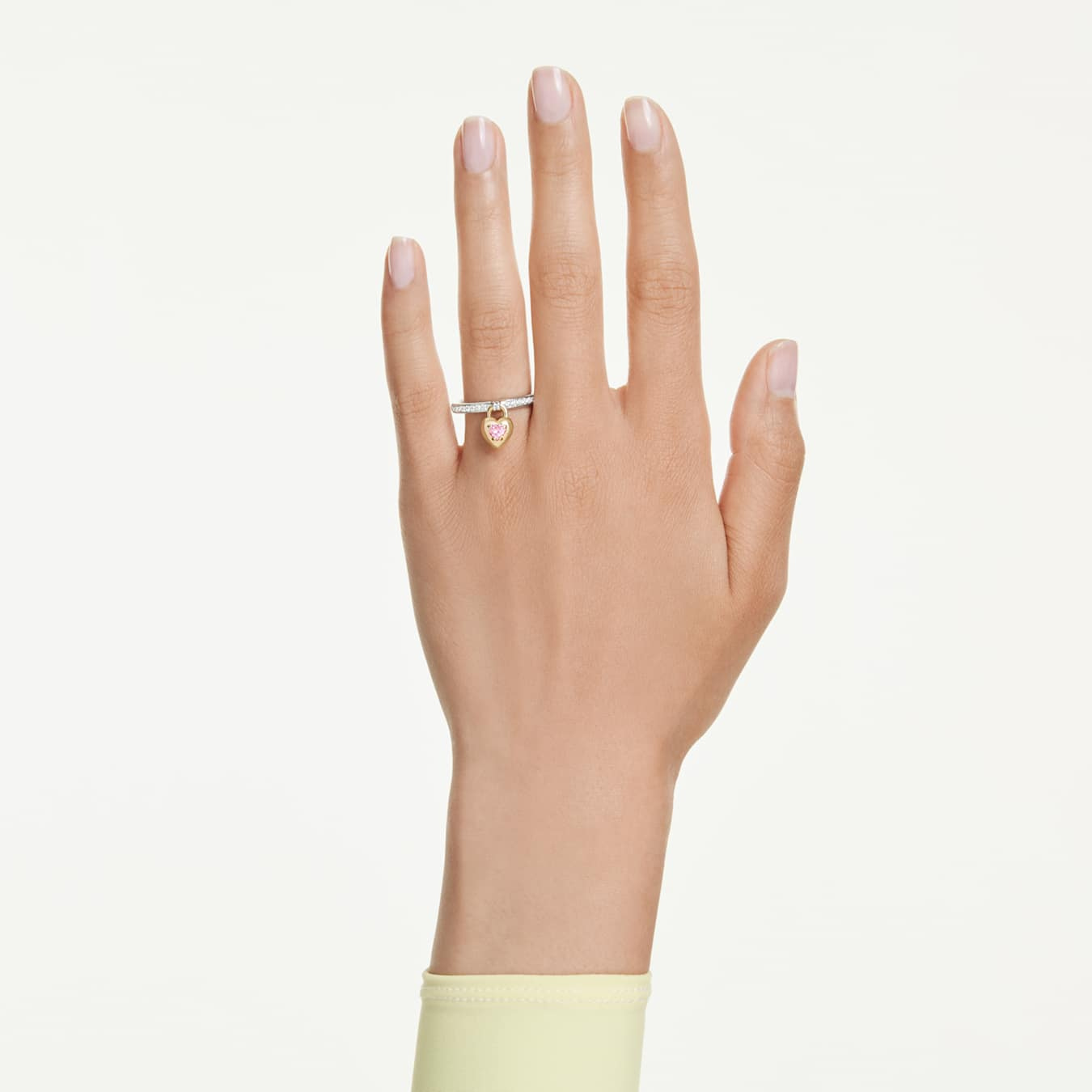 Swarovski Idyllia Motif ring with pink heart design, mixed cuts, and mixed metal finish, featuring sparkling crystal details.