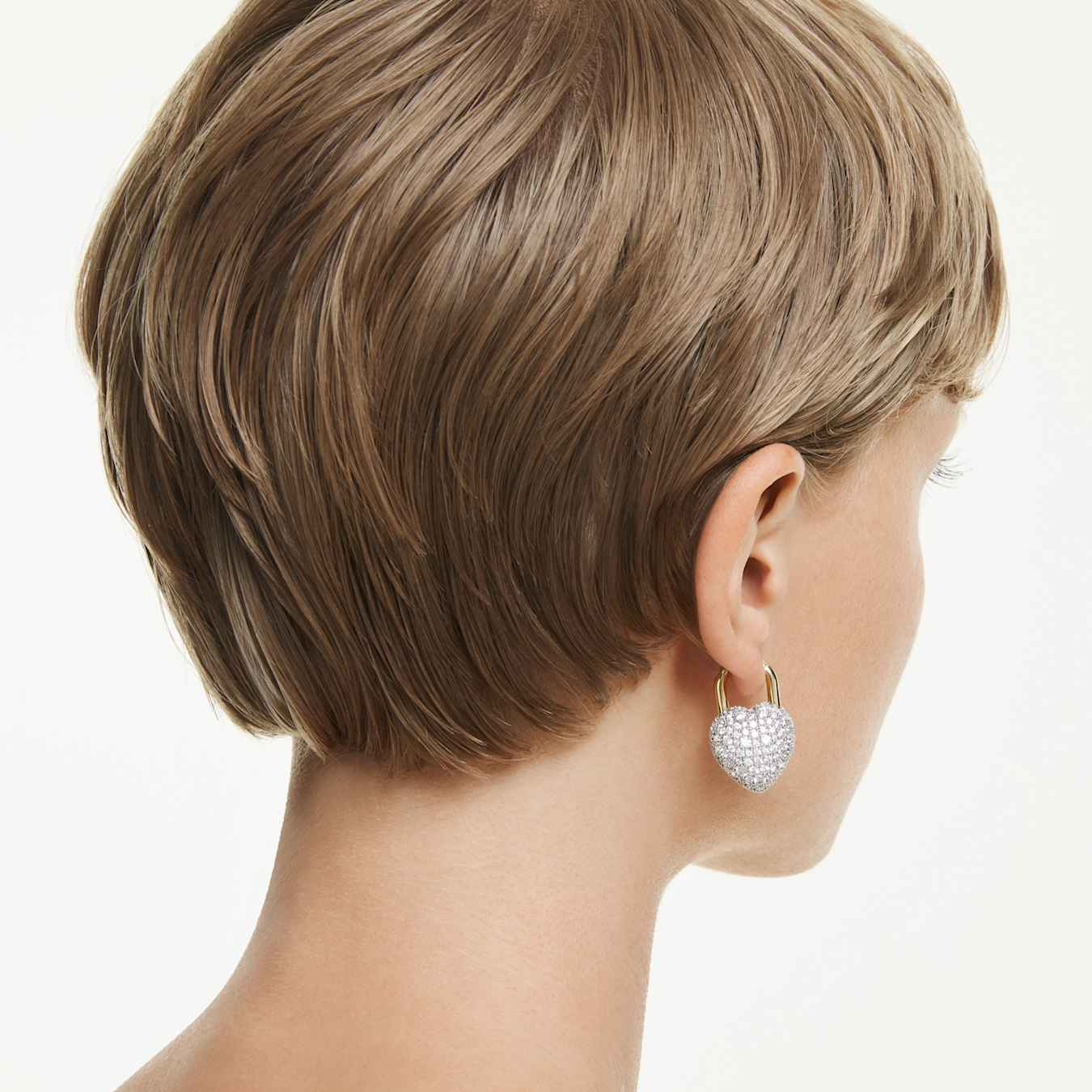 Swarovski Idyllia Drop Earrings with mixed cuts and heart design in white crystal, gold-tone plated, elegant jewelry accessory.