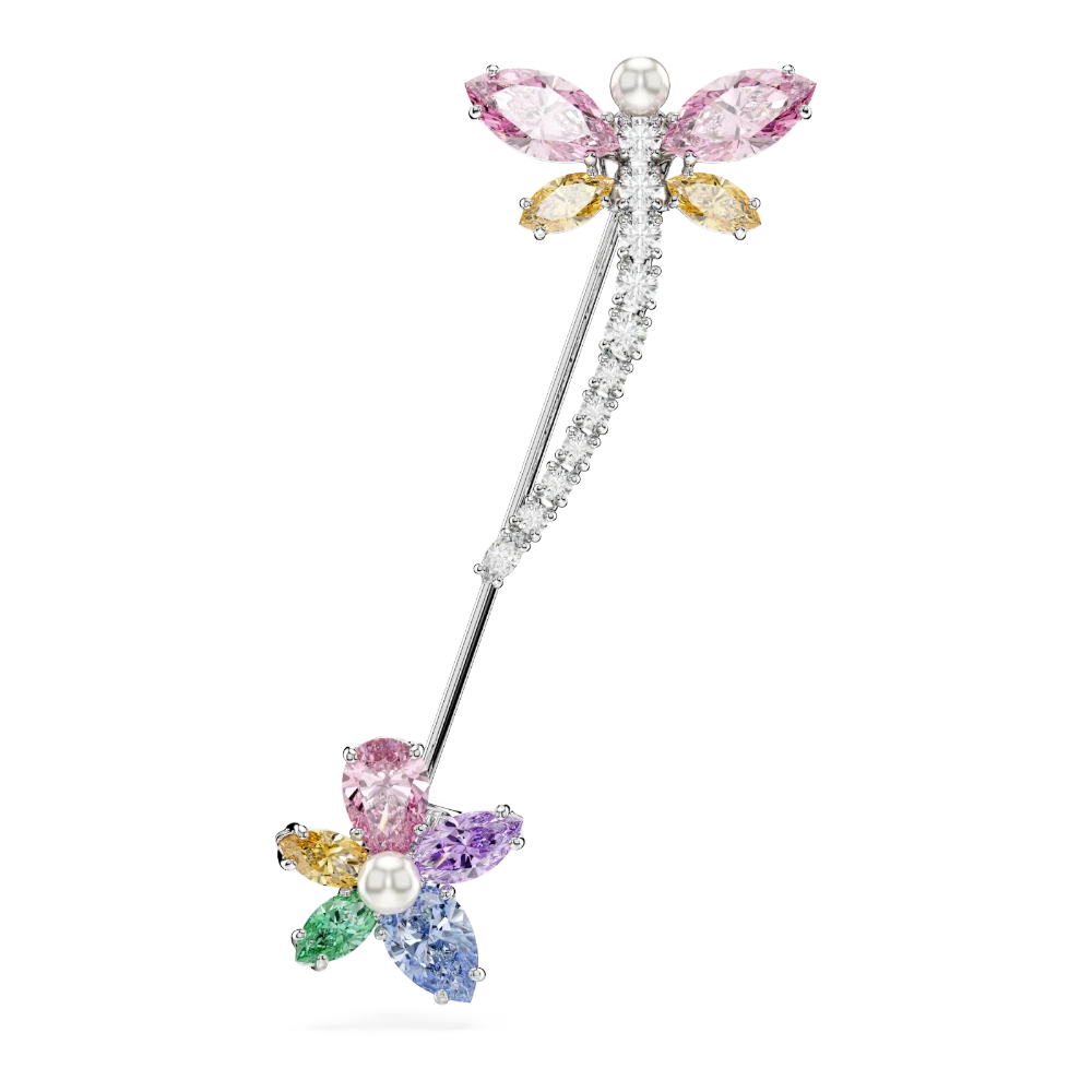 Swarovski Ariana Grande dragonfly brooch with multicolored mixed cuts and rhodium plating, detailed and sparkling jewelry accessory.