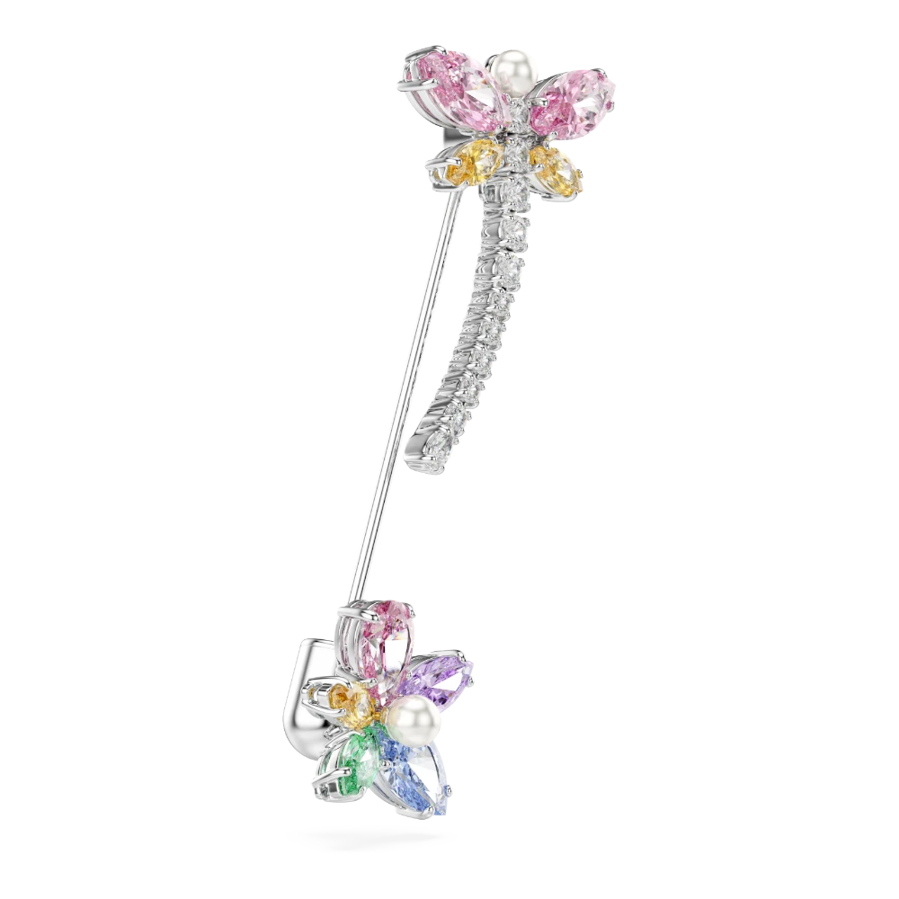 Swarovski Ariana Grande dragonfly brooch with multicolored mixed cuts, rhodium plated jewelry accessory displayed on a white background.
