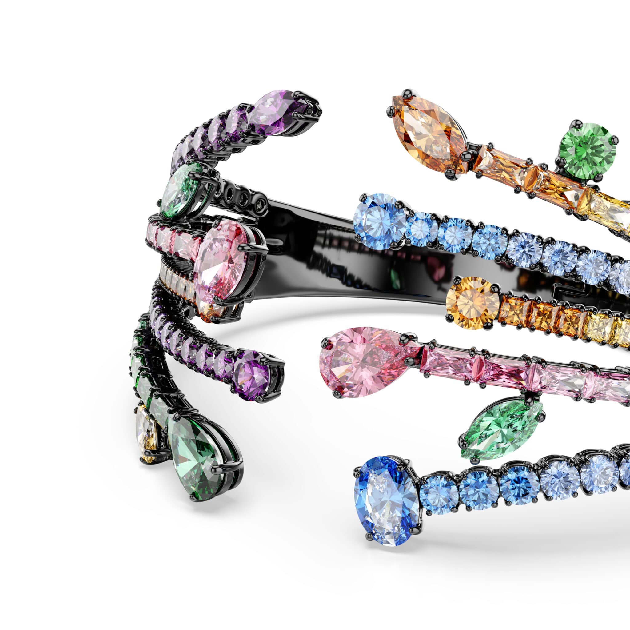 Swarovski Matrix bangle with multicolored mixed-cut crystals in a bouquet design, ruthenium plated for a striking jewelry piece.