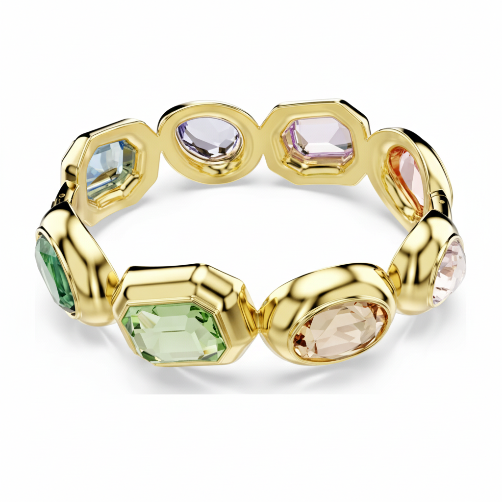 Swarovski Gema cuff bracelet with oversized multicolored crystals in mixed cuts, gold-tone plated, stylish and bold jewelry piece