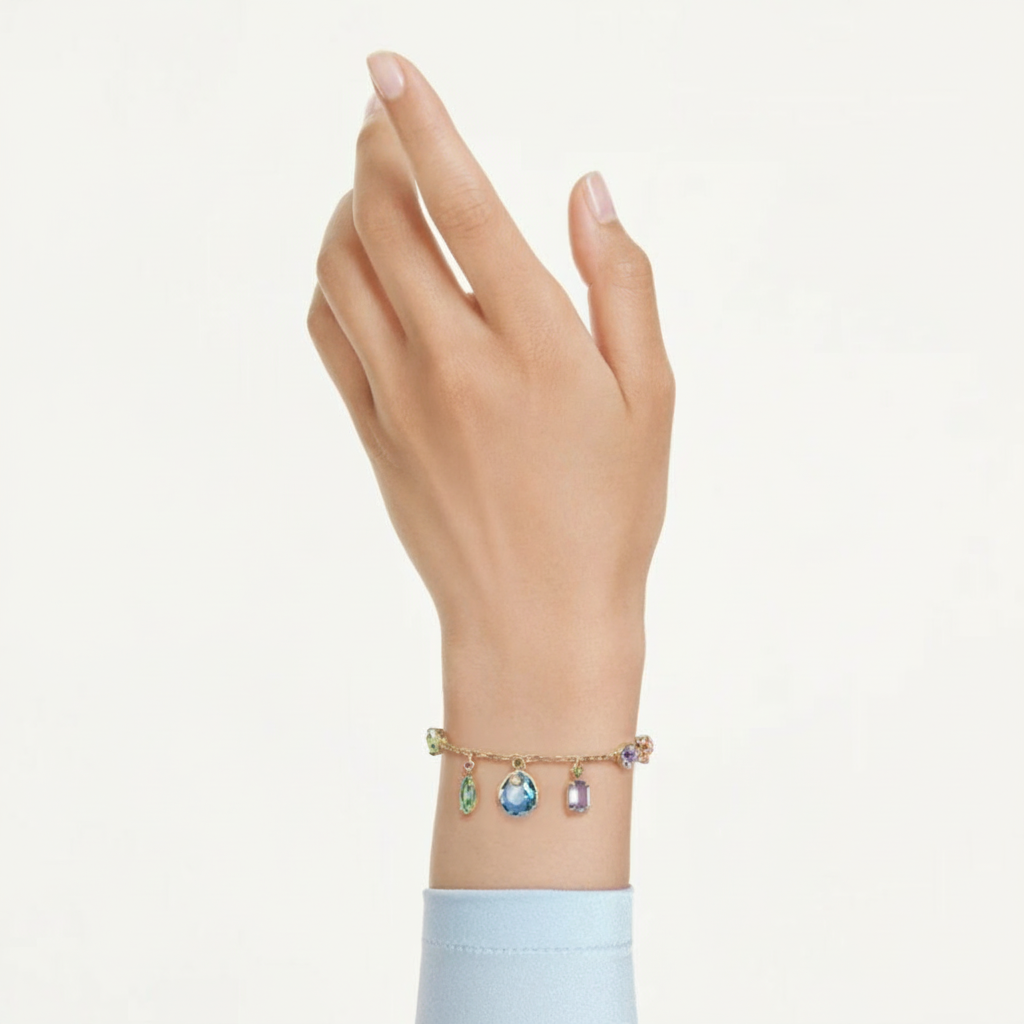 Swarovski Gema bracelet featuring sparkling crystal beads and a sleek silver clasp on a white background.