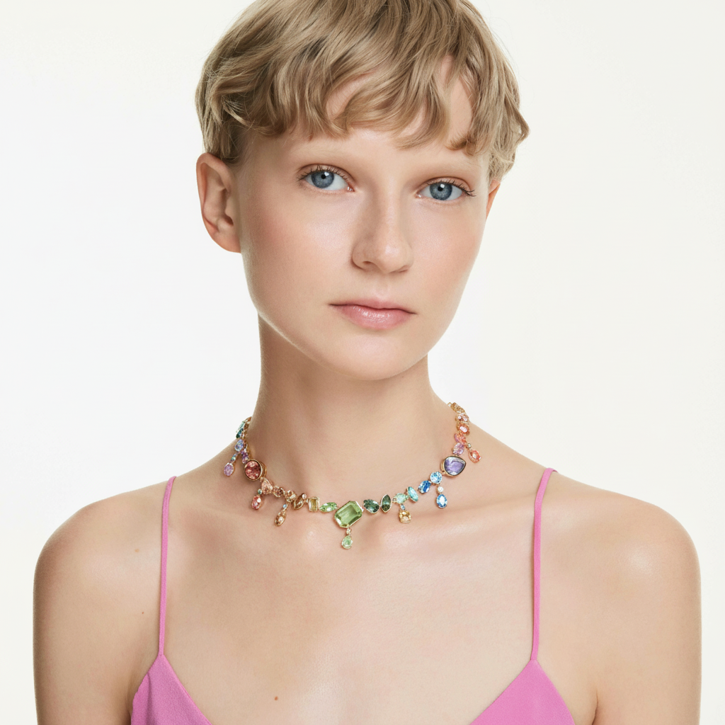 Swarovski Gema Necklace with multicolored dangling crystals, mixed cuts, gold-tone plated jewelry for elegant style