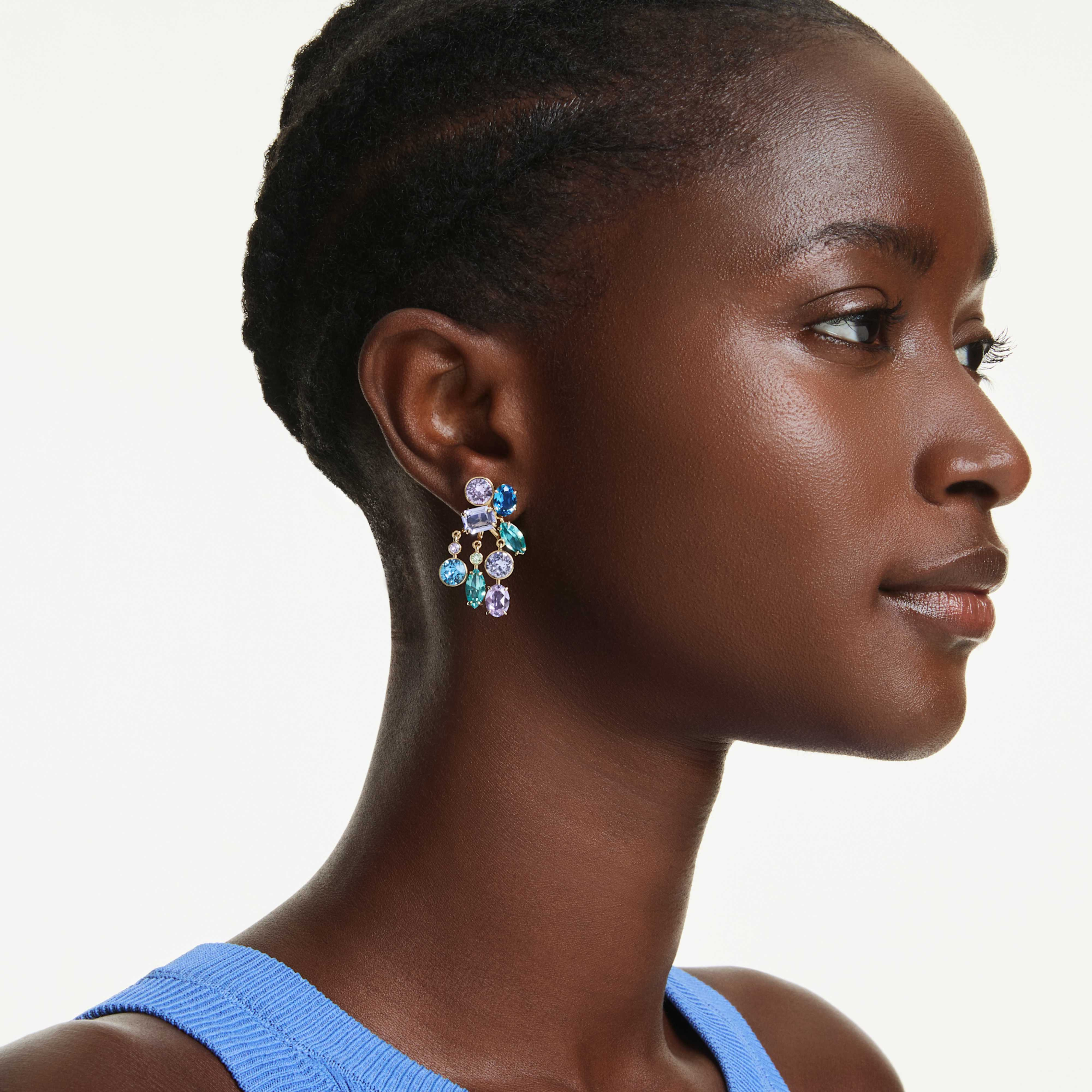 Swarovski Gema earring jackets with mixed cuts, multicolored gemstones, gold-tone plating, designed to enhance earrings.