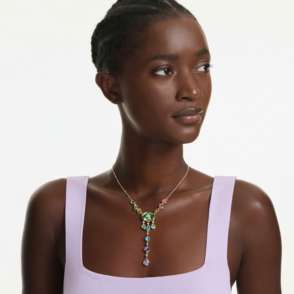 Swarovski Gema Y Necklace with multicolored mixed-cut crystals and gold-tone plated chain, elegant jewelry accessory.