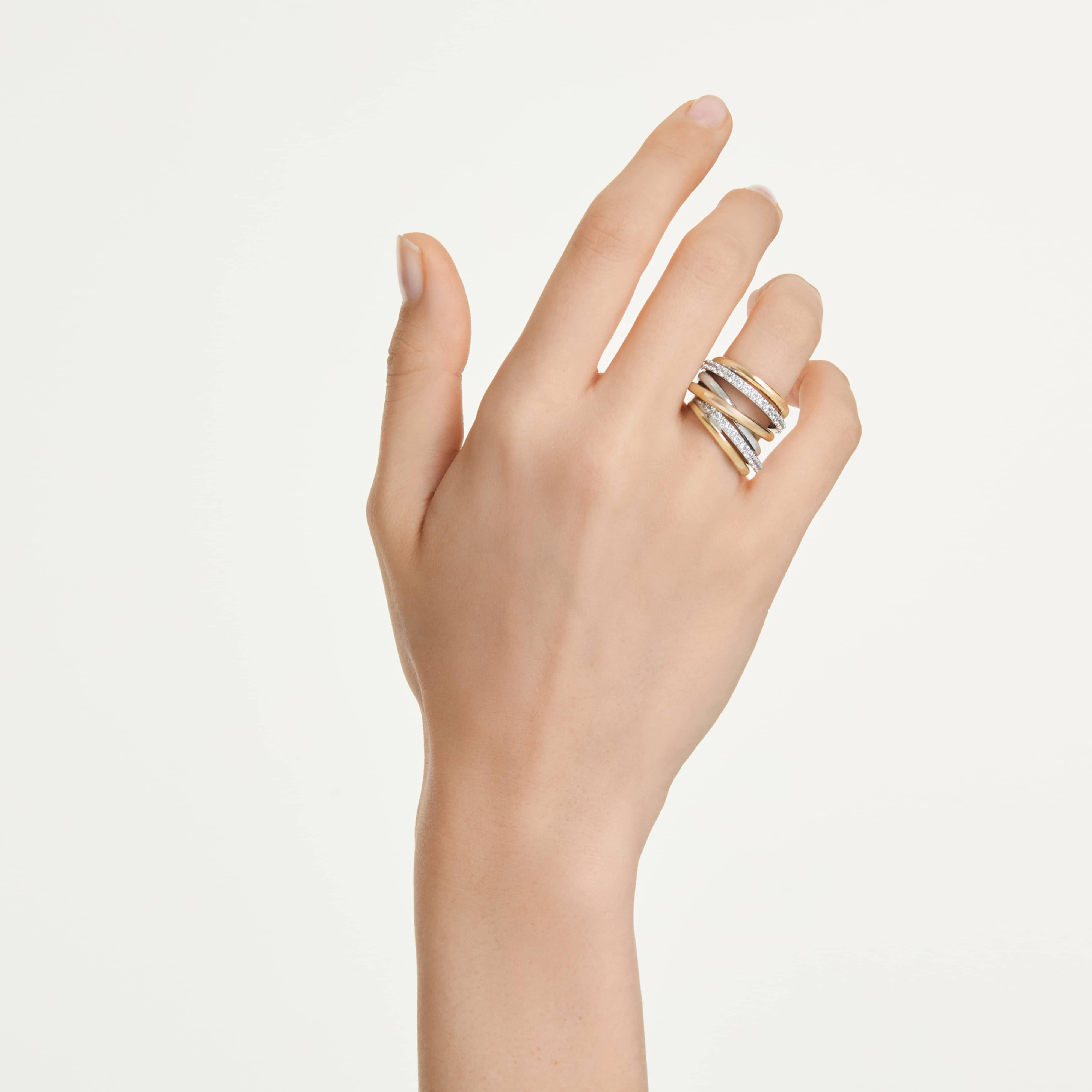 Swarovski Hyperbola Cocktail ring with round white crystal, mixed metal finish, featuring a modern, geometric design.