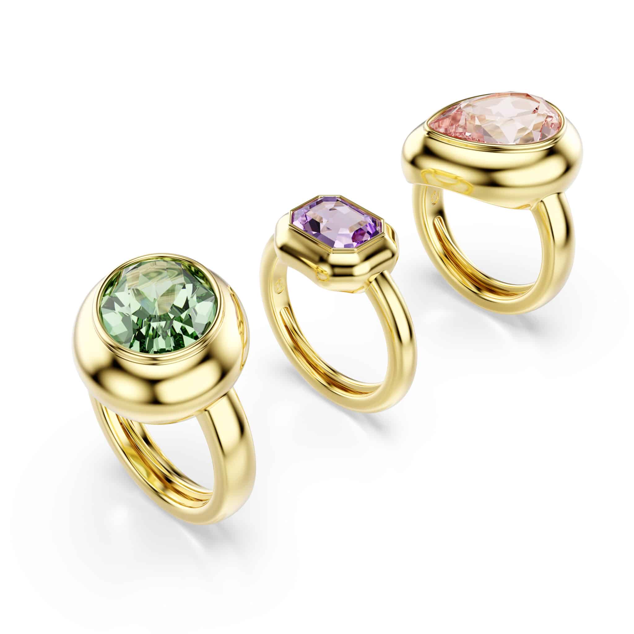 Swarovski Gema Motif ring set with three multicolored gold-tone plated rings featuring Swarovski crystal embellishments.