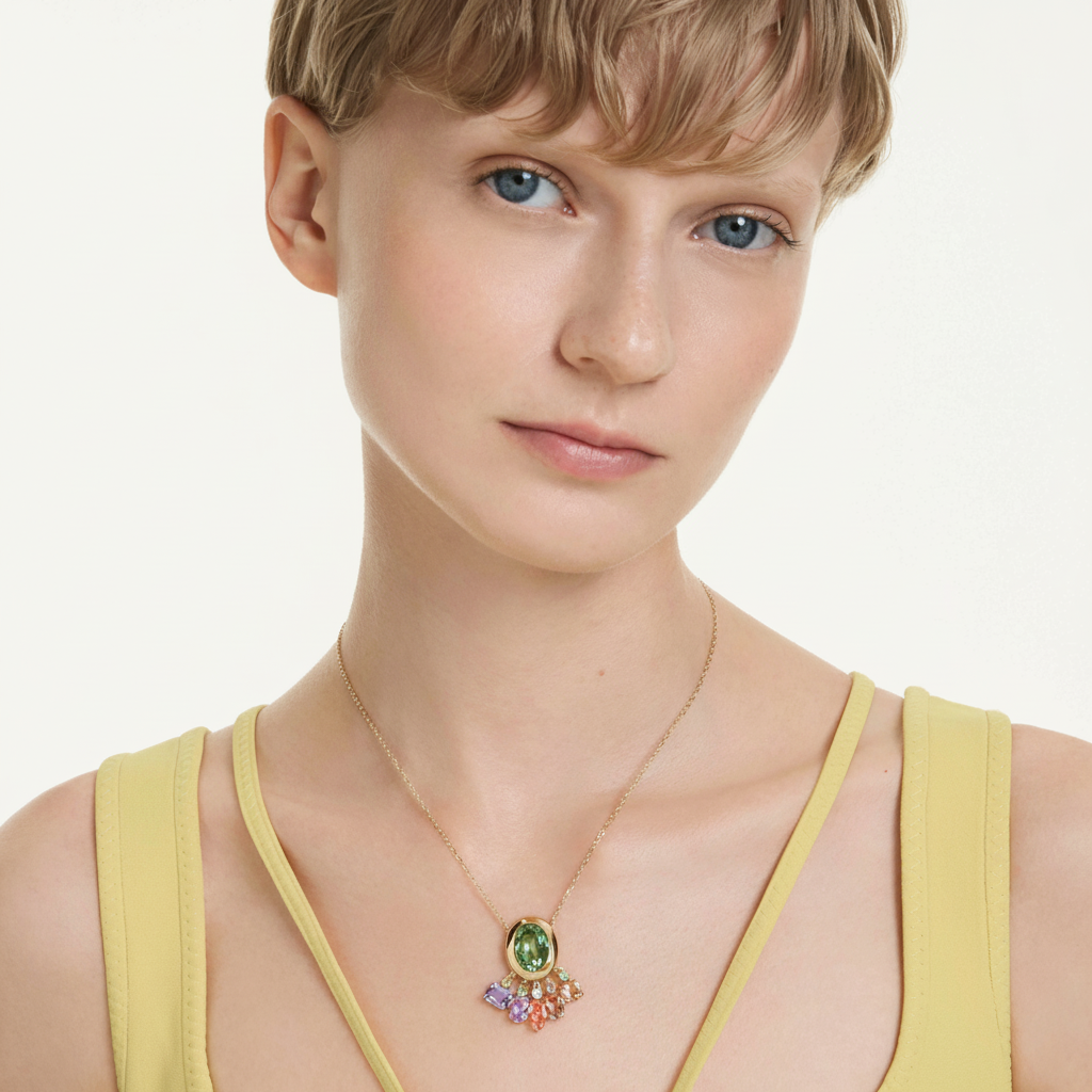 Swarovski Gema pendant with mixed-cut dangling multicolored crystals on gold-tone plated chain.