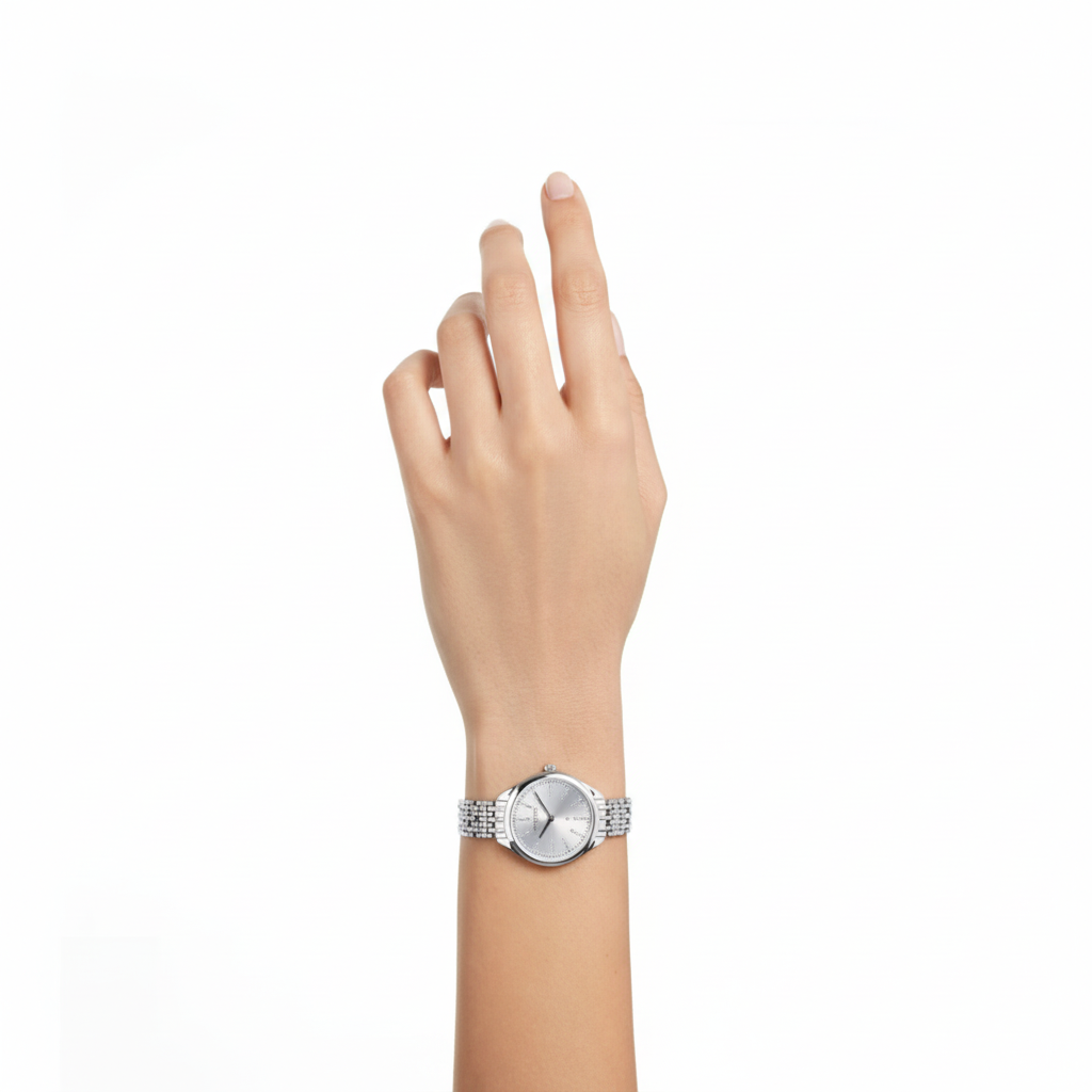 Swarovski Attract Swiss Made watch with silver-tone stainless steel metal bracelet and elegant design.