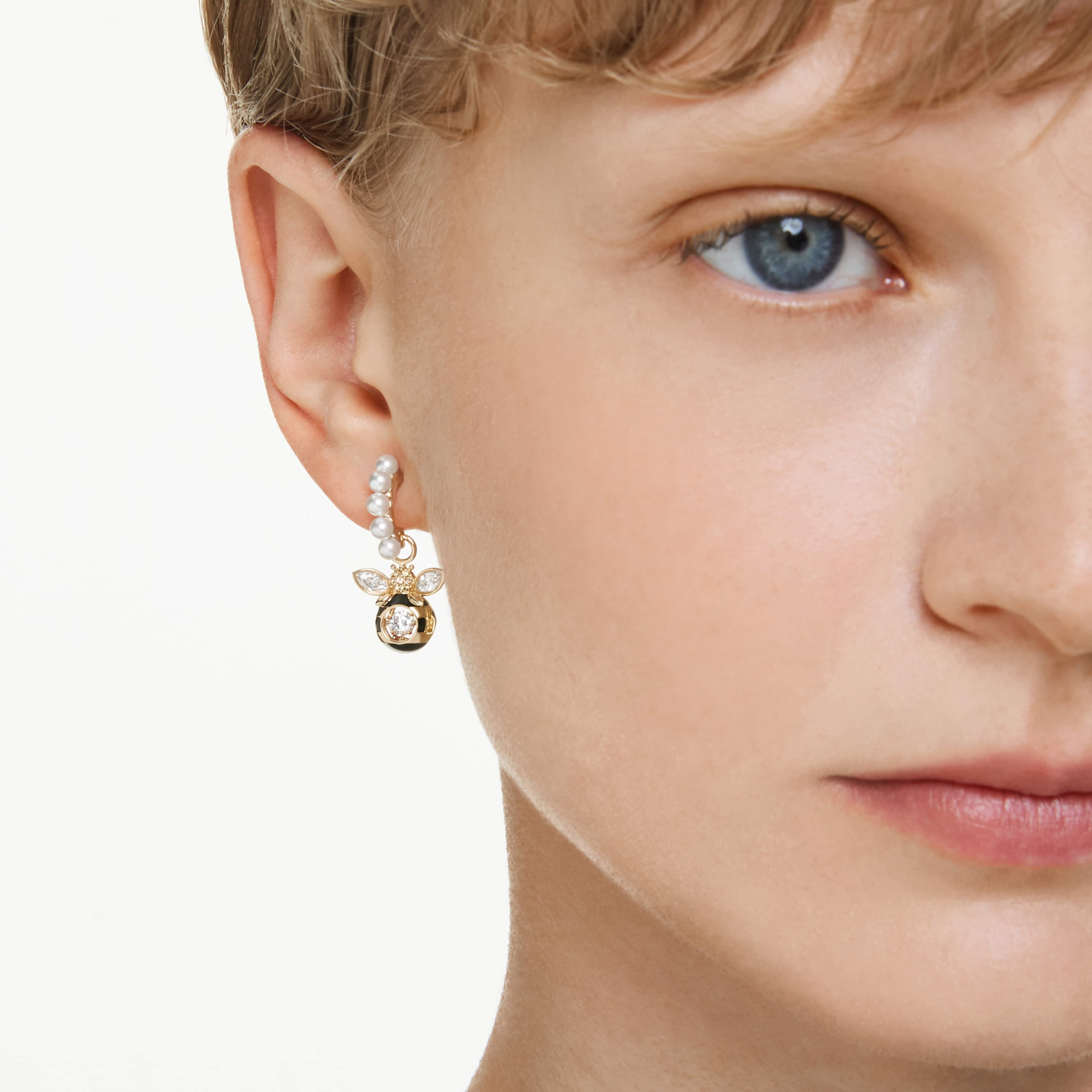 Swarovski Idyllia Drop Earrings with multicolored crystals, crystal pearl, bee design, gold-tone plated, mixed cuts.