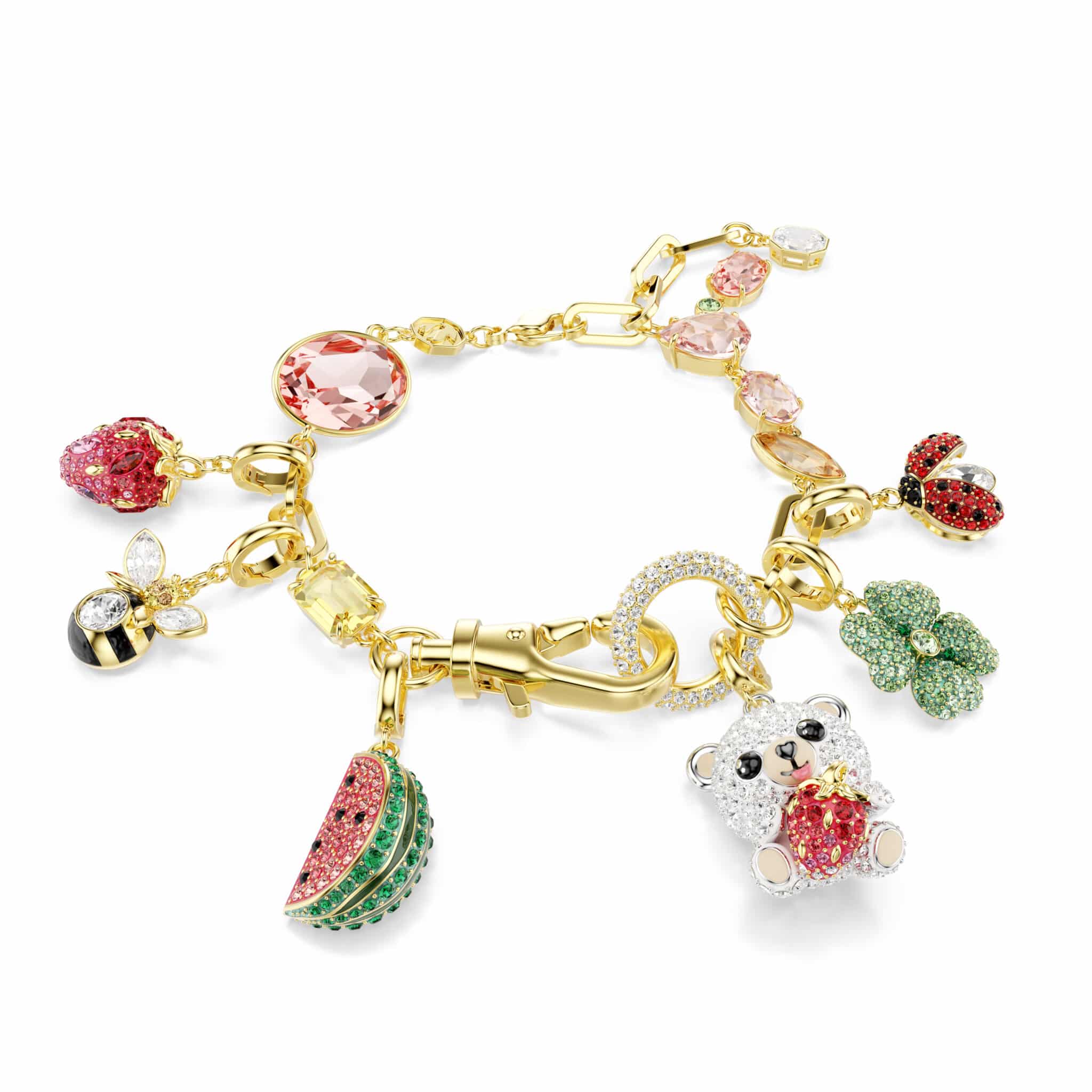 Swarovski Idyllia bracelet with multicolored mixed-cut crystals and gold-tone plating featuring various motifs.