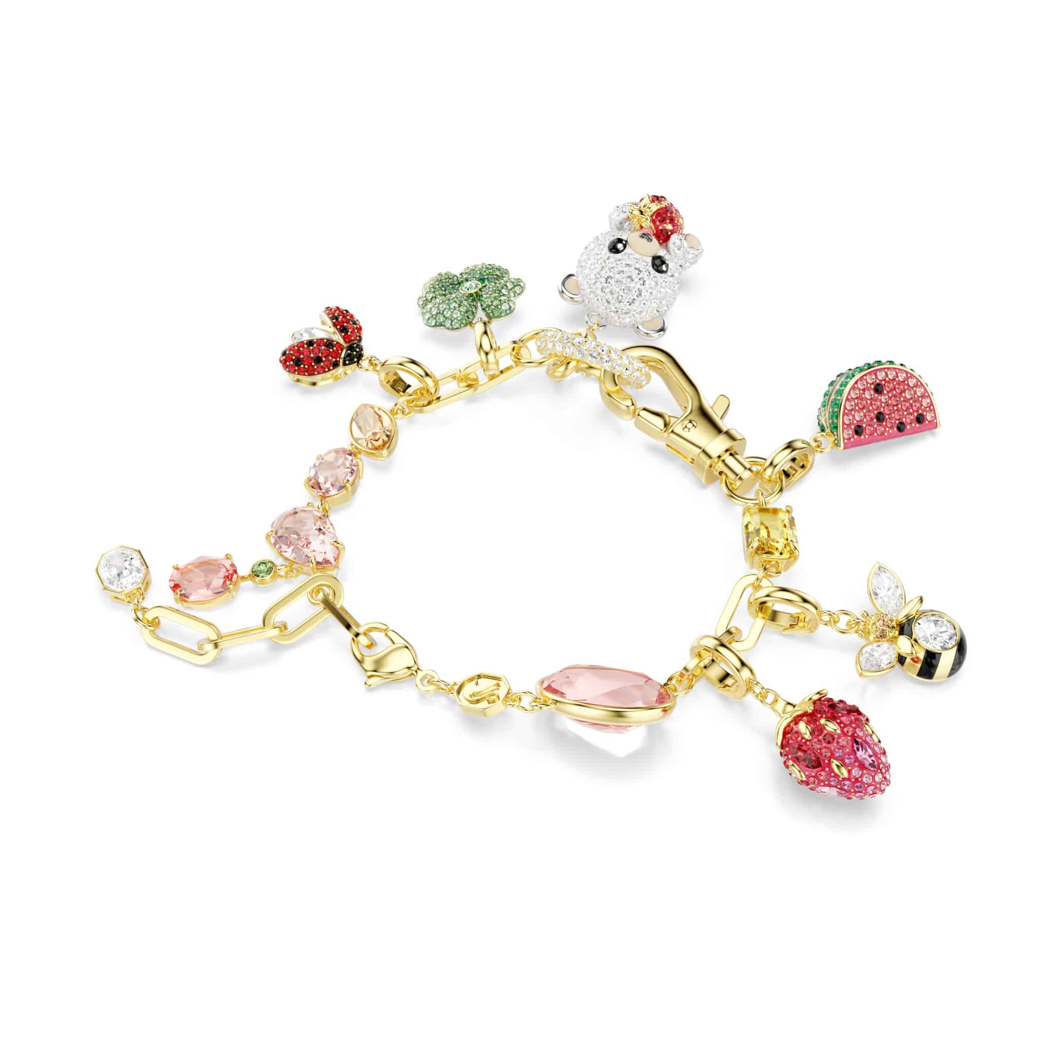 Swarovski Idyllia bracelet with multicolored mixed-cut crystals and gold-tone plating, featuring mixed motifs and elegant design.