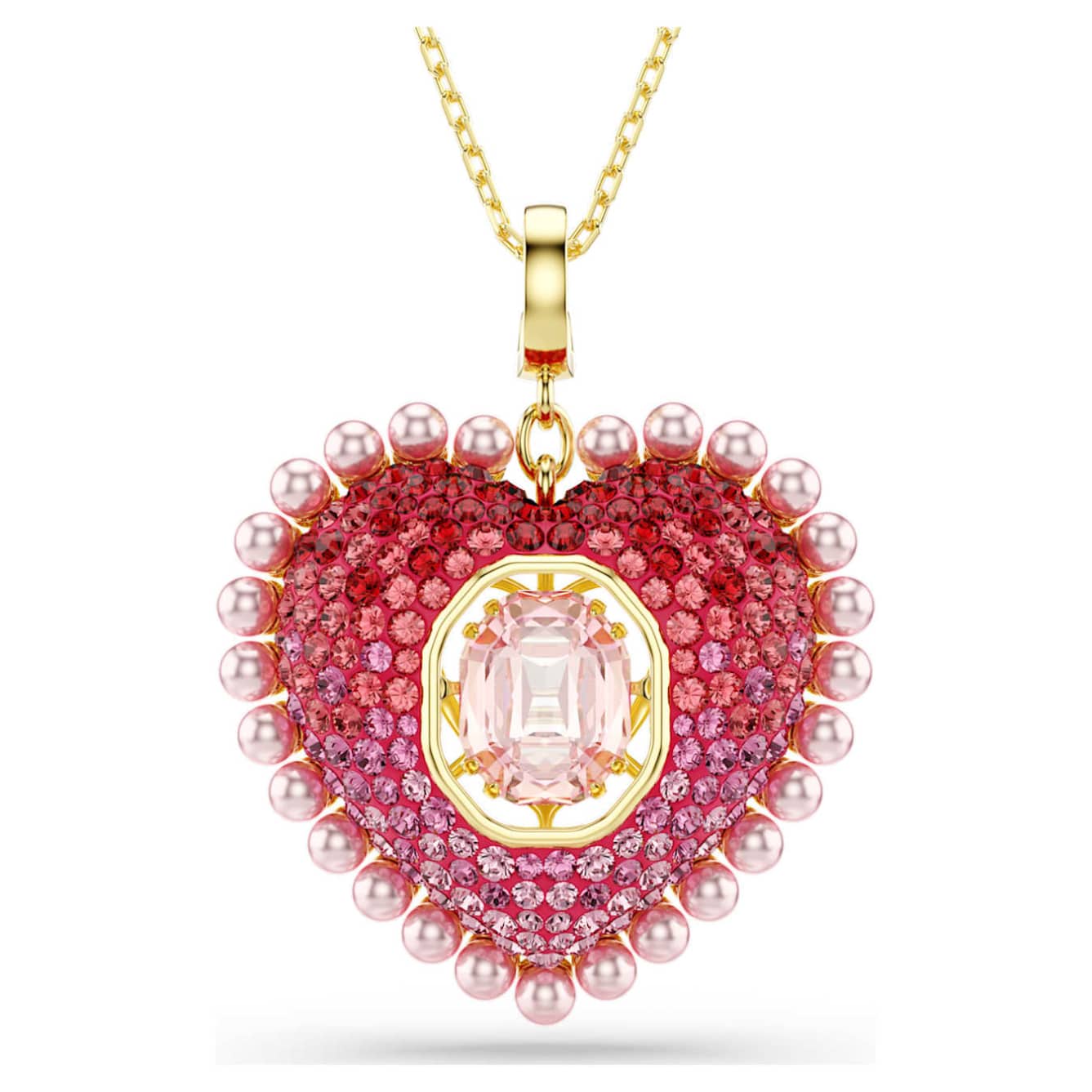 Pink Swarovski Idyllia pendant with mixed-cut heart-shaped crystals and gold-tone plating, elegant jewelry piece.