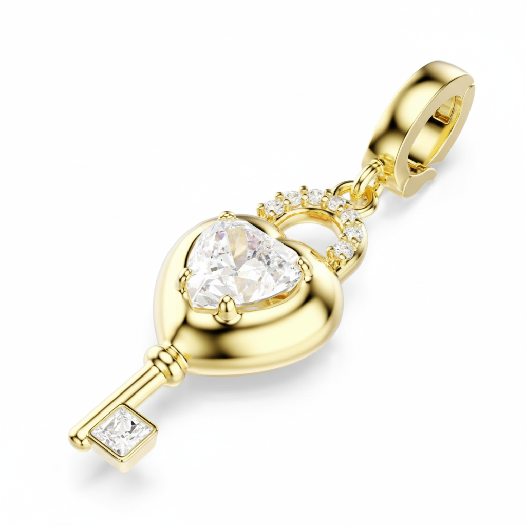Swarovski Idyllia charm with mixed cuts, heart and key design, white crystal, gold-tone plated, jewelry accessory.