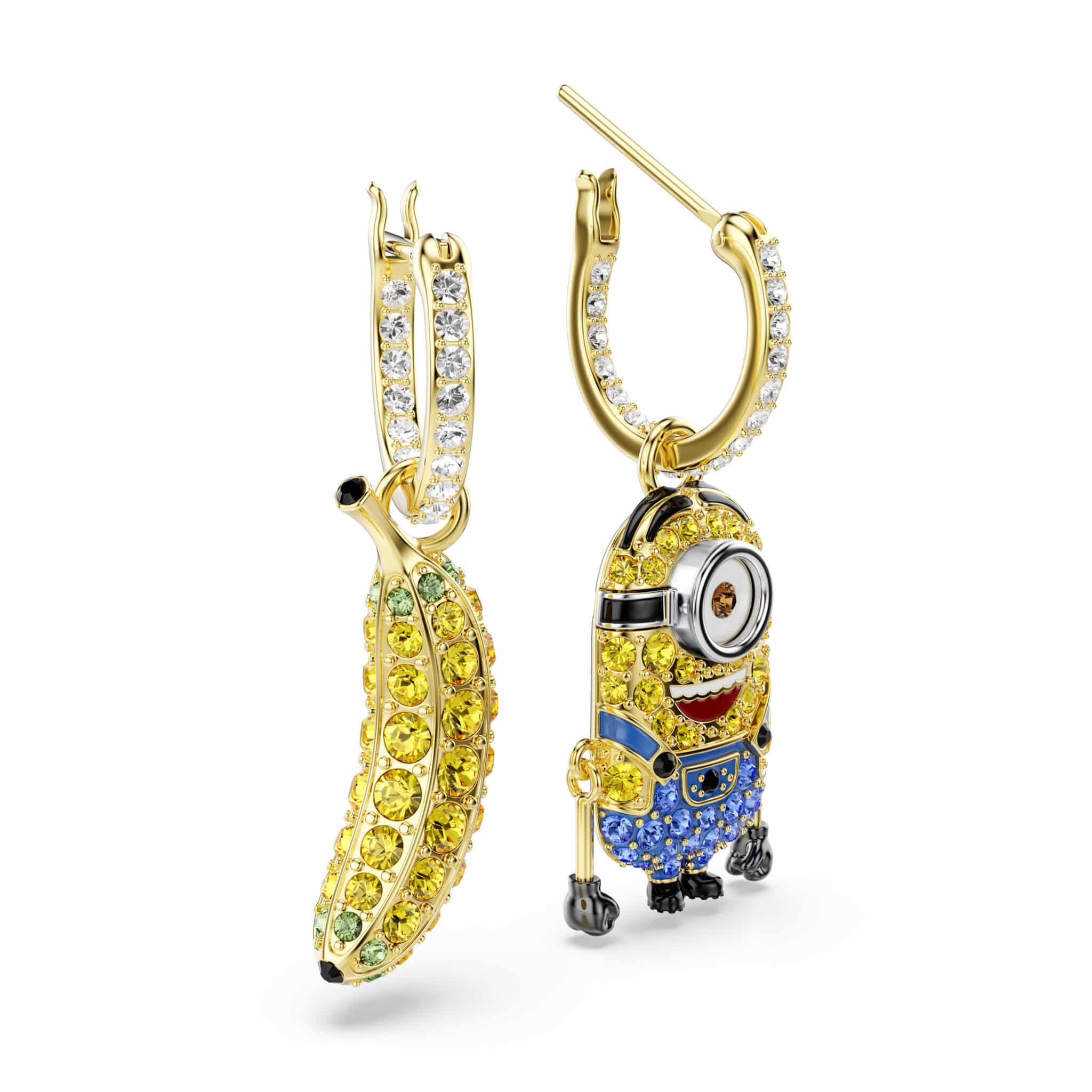 Swarovski Minions Stuart and Banana hoop earrings, mini multicolored pavé jewelry with gold-tone plating, featuring playful character designs.