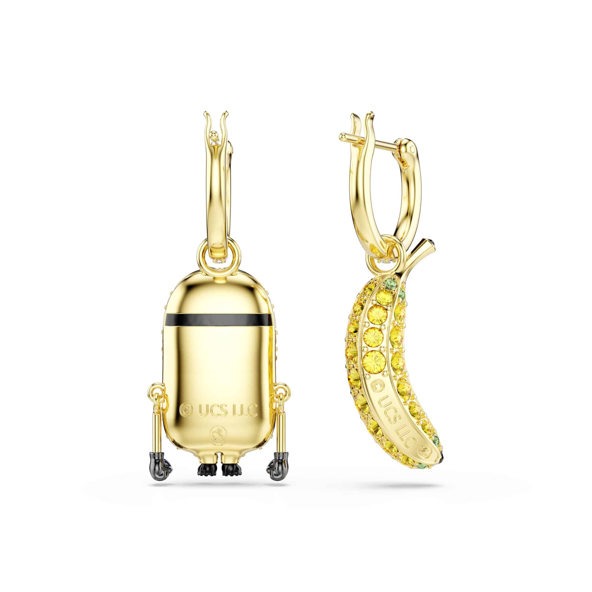 Swarovski Minions Stuart and Banana hoop earrings, gold-tone plated with multicolored pavé details, featuring mini character charms.