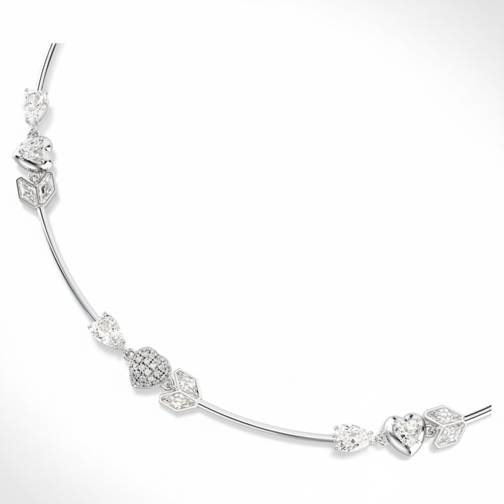 Swarovski Idyllia necklace featuring a white heart with arrow pendant, rhodium-plated, elegant jewelry accessory.