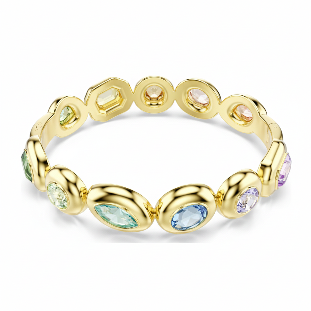 Swarovski Gema bangle with multicolored mixed-cut crystals and gold-tone plating, stylish jewelry accessory.