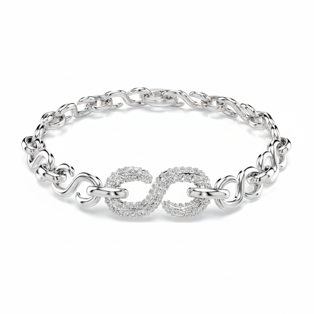 Swarovski Dextera bracelet featuring round-cut white crystals and rhodium plating, elegant jewelry accessory.