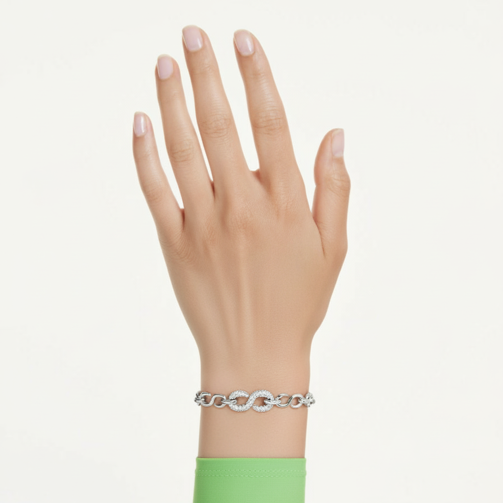 Swarovski Dextera bracelet with round white crystals and rhodium plating, showcasing elegant jewelry design.