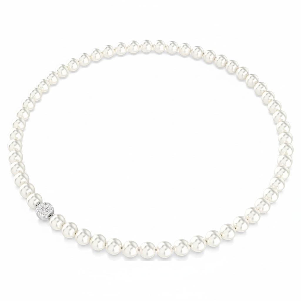 Swarovski Matrix Necklace with white crystal pearls and rhodium plating, featuring elegant, sparkling design.