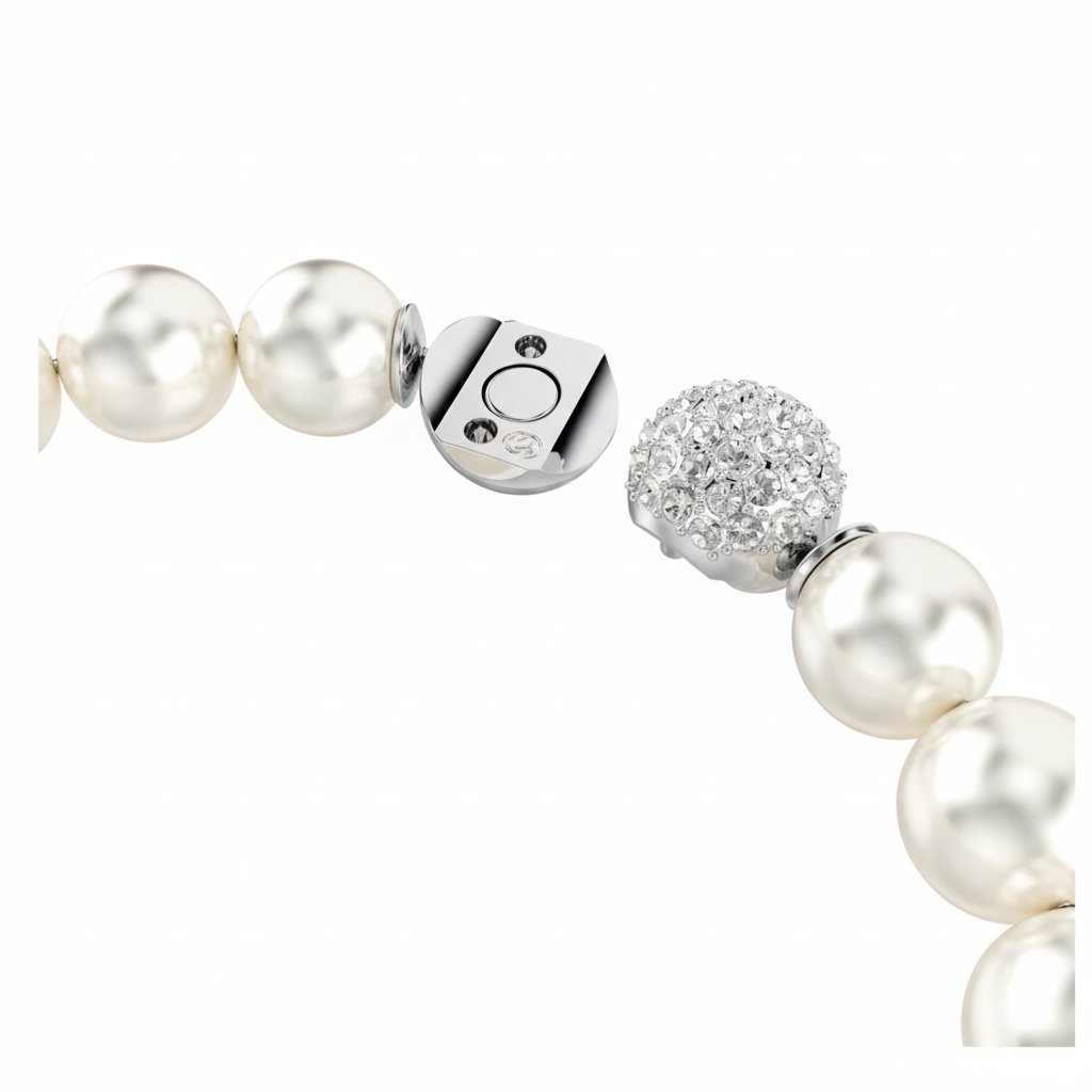 Swarovski Matrix bracelet with white crystal pearls and rhodium plating, featuring a sleek and elegant jewelry design.