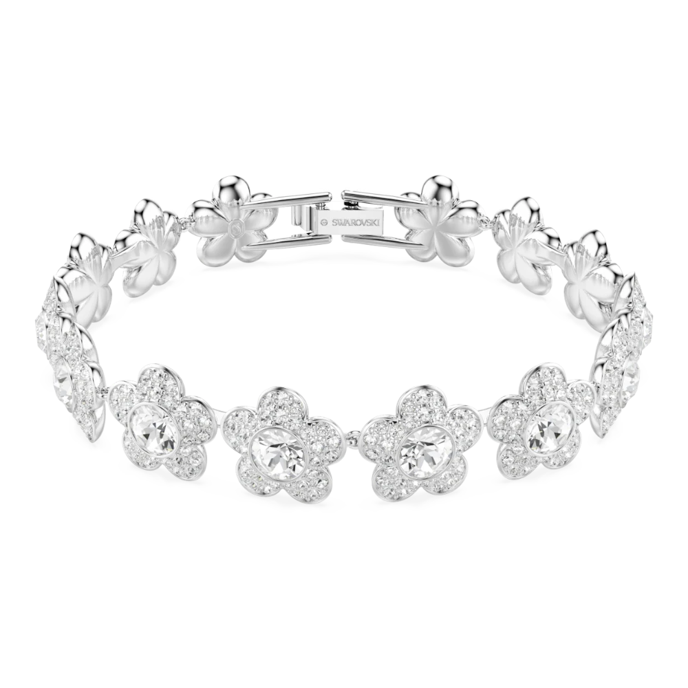 Swarovski Ariana Grande x bracelet featuring a round cut flower design, white crystals, and rhodium plating.