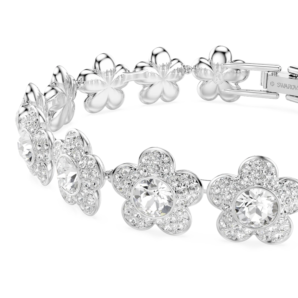 Swarovski Ariana Grande bracelet with round cut flower-shaped white crystals, rhodium plated jewelry accessory.