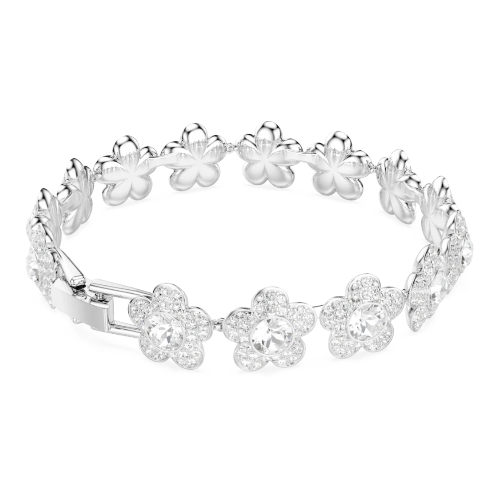 Swarovski Ariana Grande x bracelet featuring a round cut flower design, white crystals, rhodium plating, and elegant jewelry style.