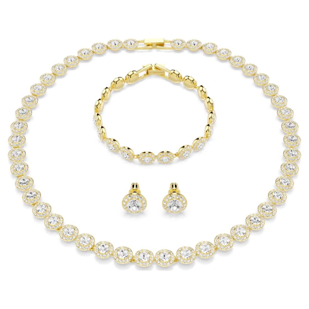 Swarovski Una Angelic jewelry set with three round-cut white stones in gold-tone plated finish, elegant and sparkling.