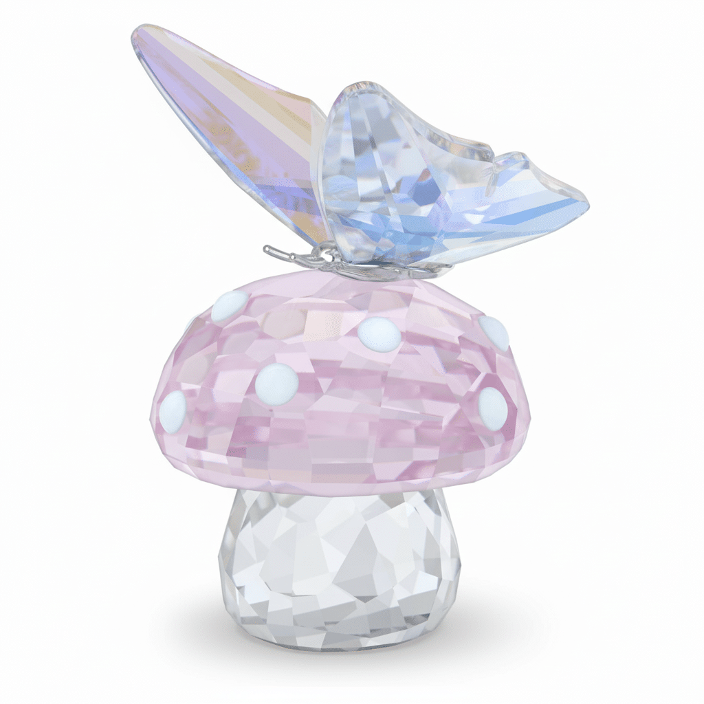 Swarovski Ariana Grande collaboration mushroom and butterfly jewelry featuring sparkling crystals and intricate design.