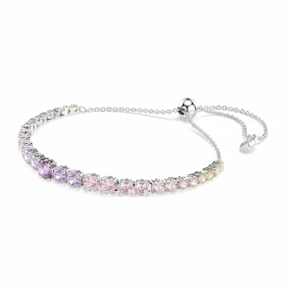 Swarovski Matrix tennis bracelet with multicolored round-cut crystals in a gradient, rhodium-plated for a sleek, modern look.