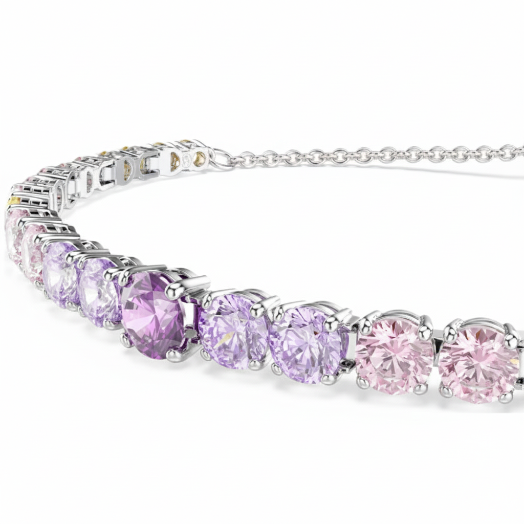 Swarovski Matrix tennis bracelet with multicolored round cut crystals in a gradient design, rhodium plated for a sleek finish.