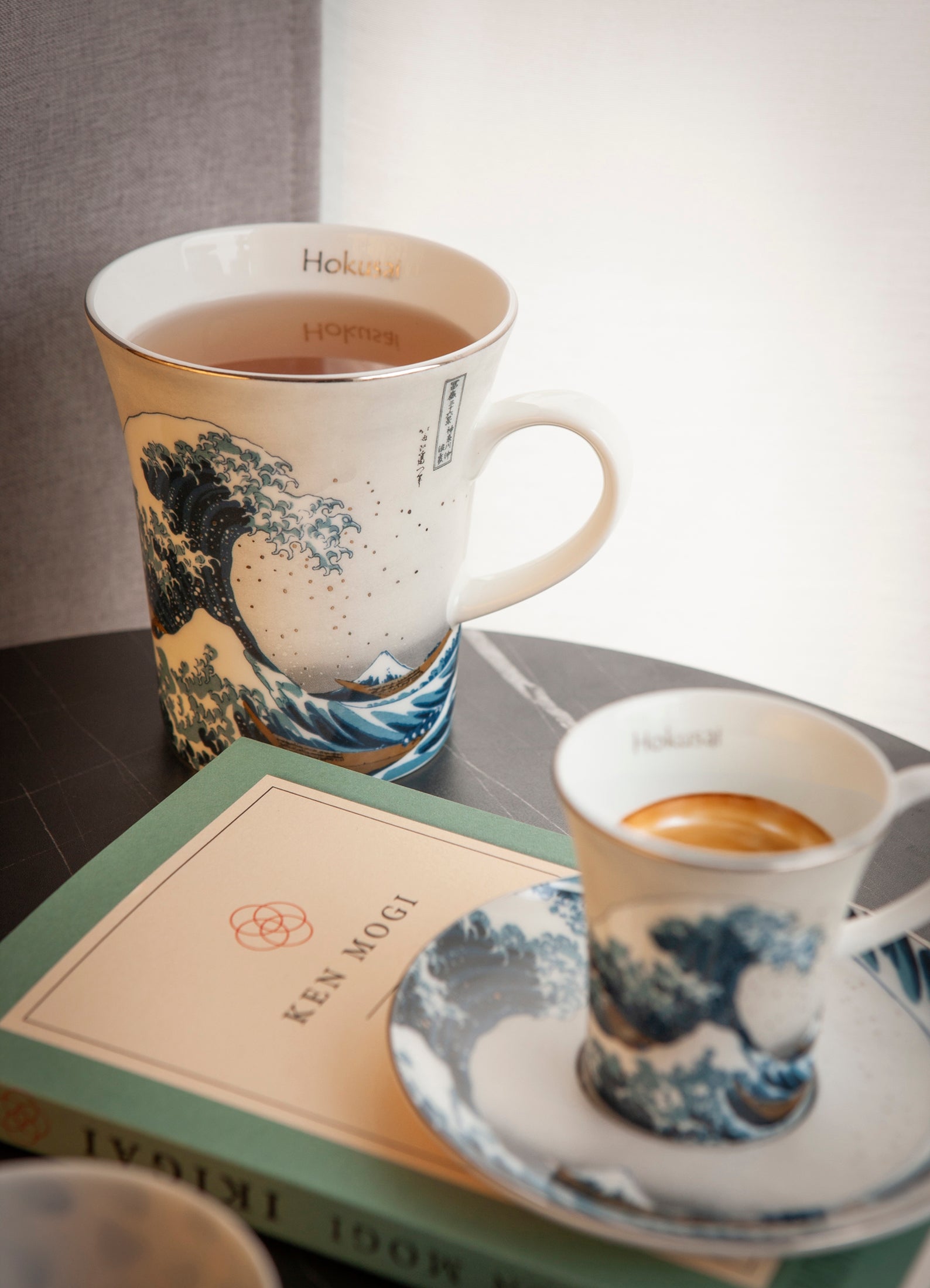 Goebel Mug Hokusai The Great Wave design, 300ml, silver ceramic coffee mug with iconic wave artwork.