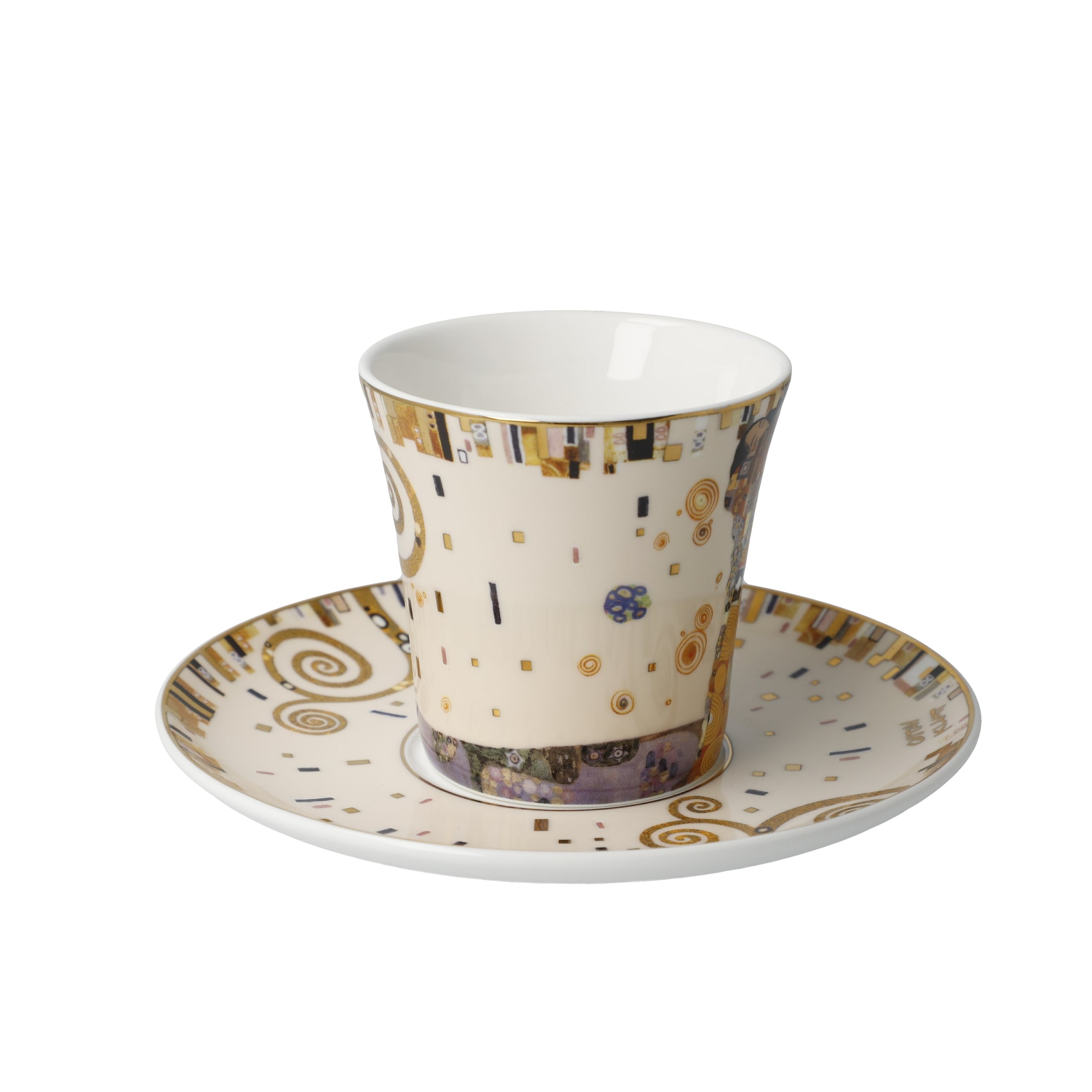 Goebel Klimt espresso cup featuring intricate art design, white ceramic, and a smooth handle for elegant coffee serving.