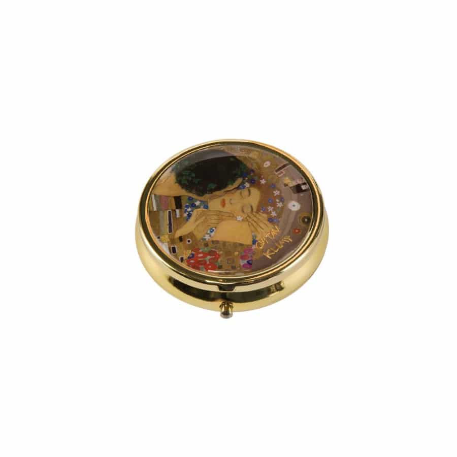 Goebel Pill Box featuring The Kiss by Klimt, small 5cm decorative ceramic container with gold accents and detailed artwork.