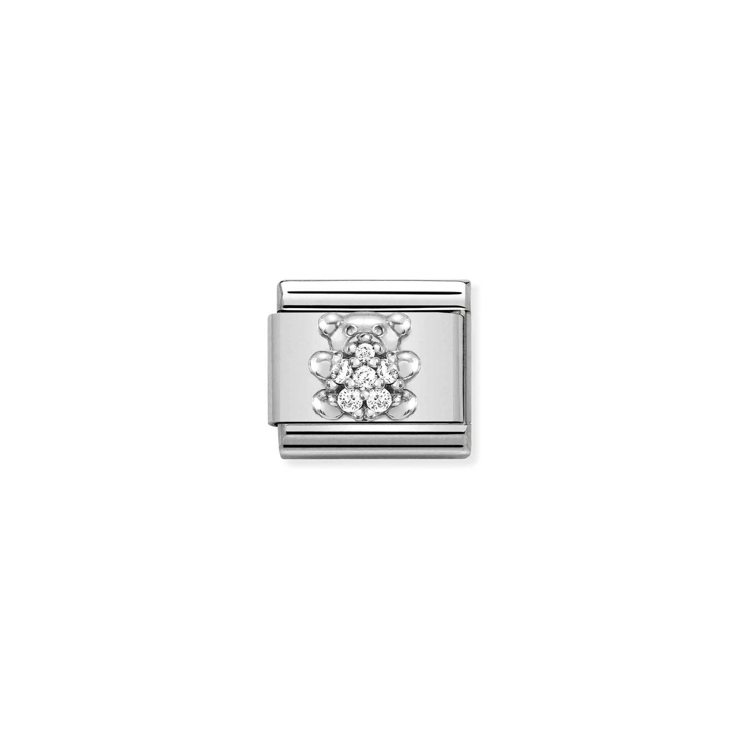 Nomination Composable Classic Symbol Teddy charm in white stainless steel with cubic zirconia accents.