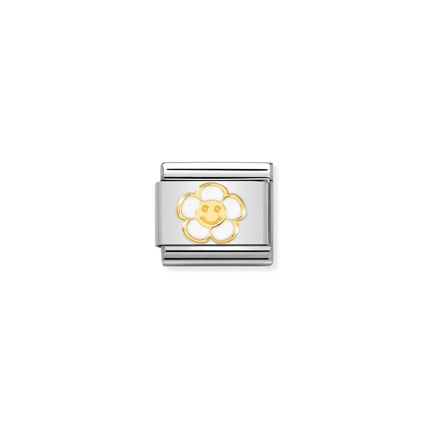Nomination Composable Classic Symbol Flower charm with smile design in 18K stainless steel, featuring intricate floral details.