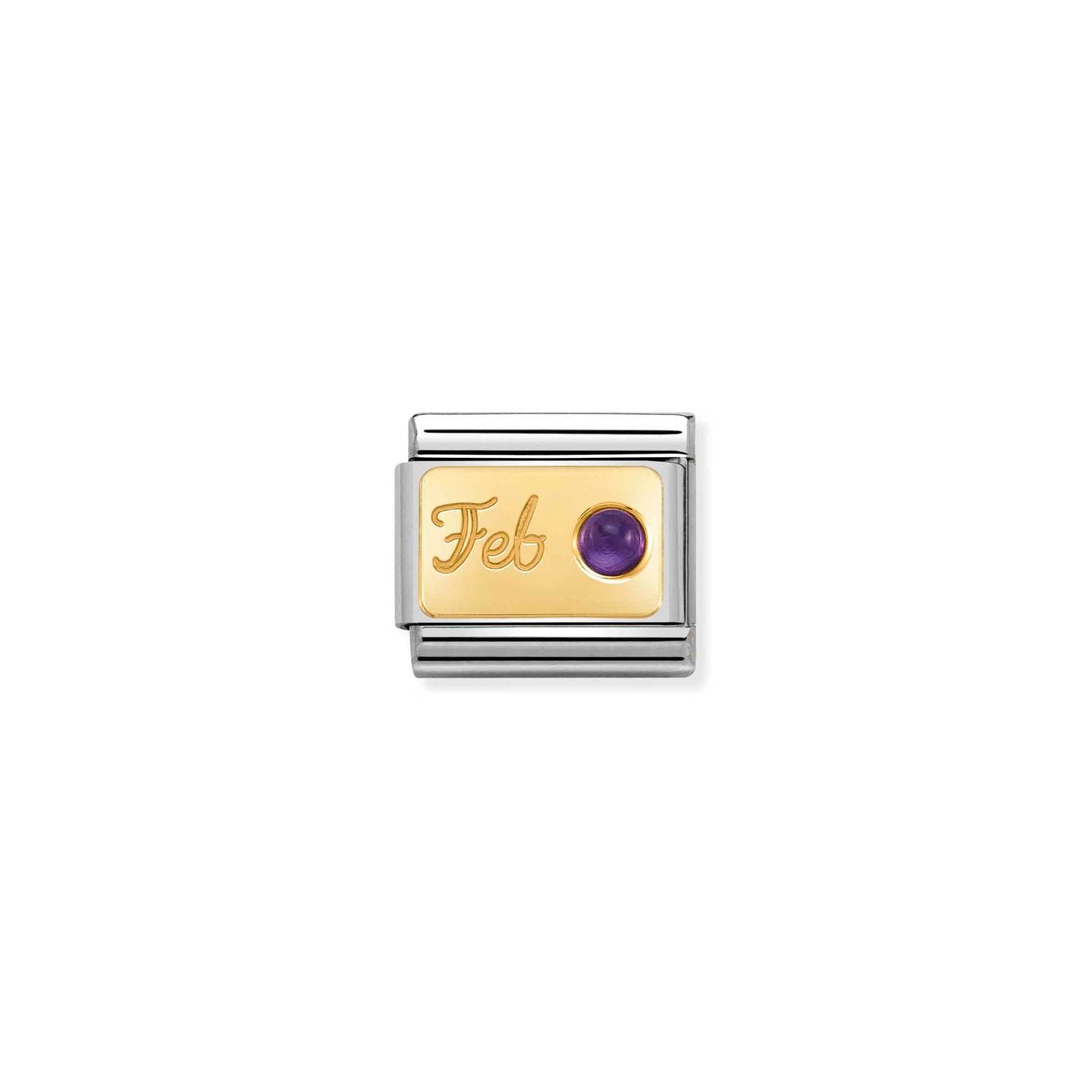 Nomination Composable Classic Month Stone charm featuring February Amethyst, crafted in 18K gold with detailed design.