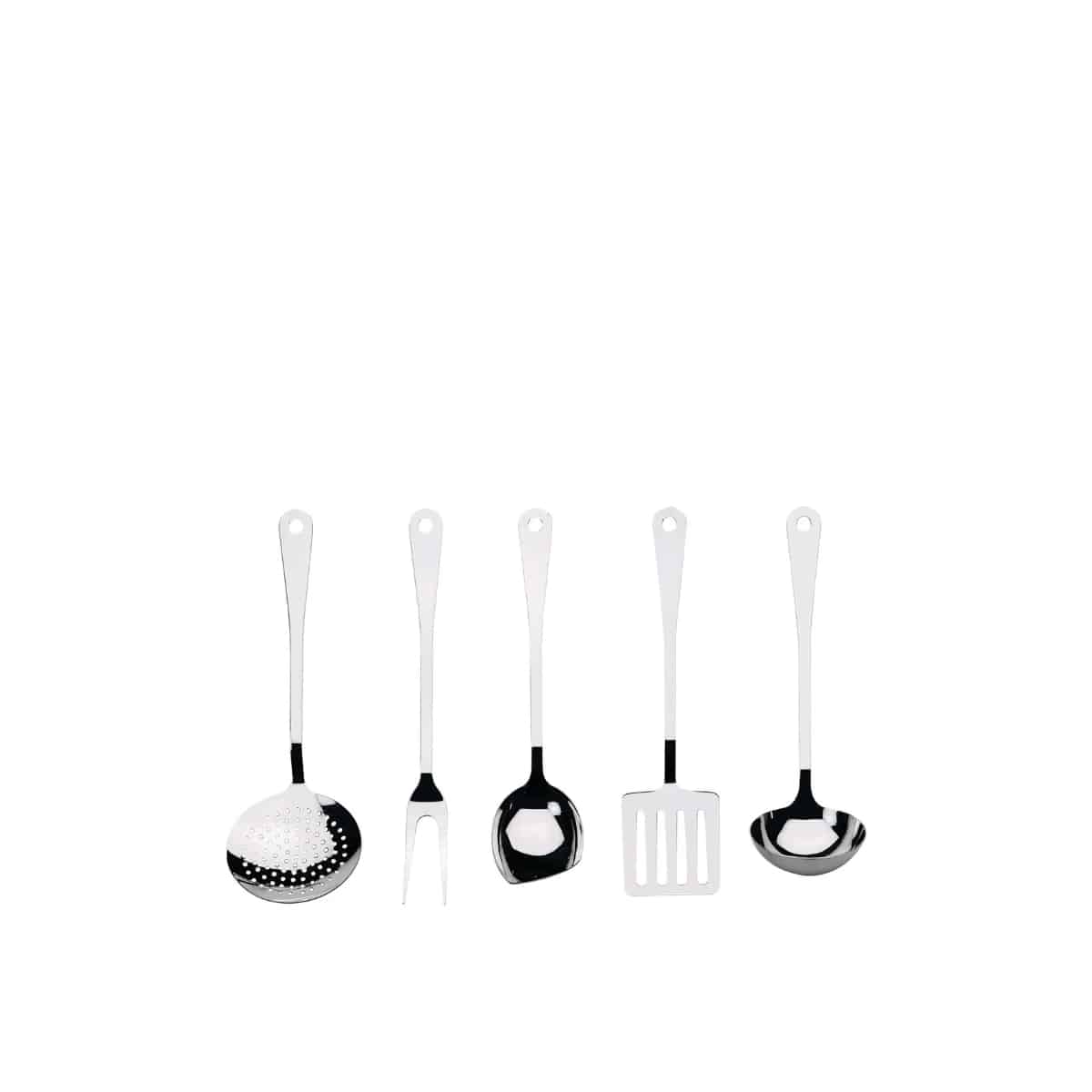 Alessi Morrison kitchen set with colorful utensils and tools arranged on a wooden countertop, showcasing modern kitchen accessories.