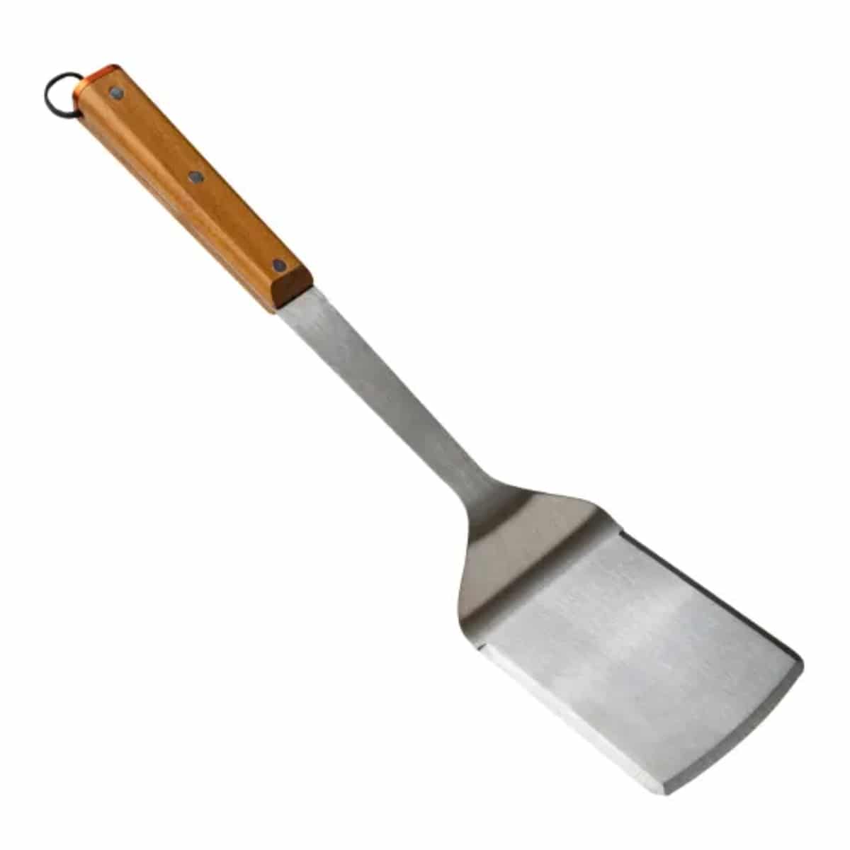 Traeger BBQ spatula with black handle and stainless steel blade, ideal for grilling and flipping food during barbecues.
