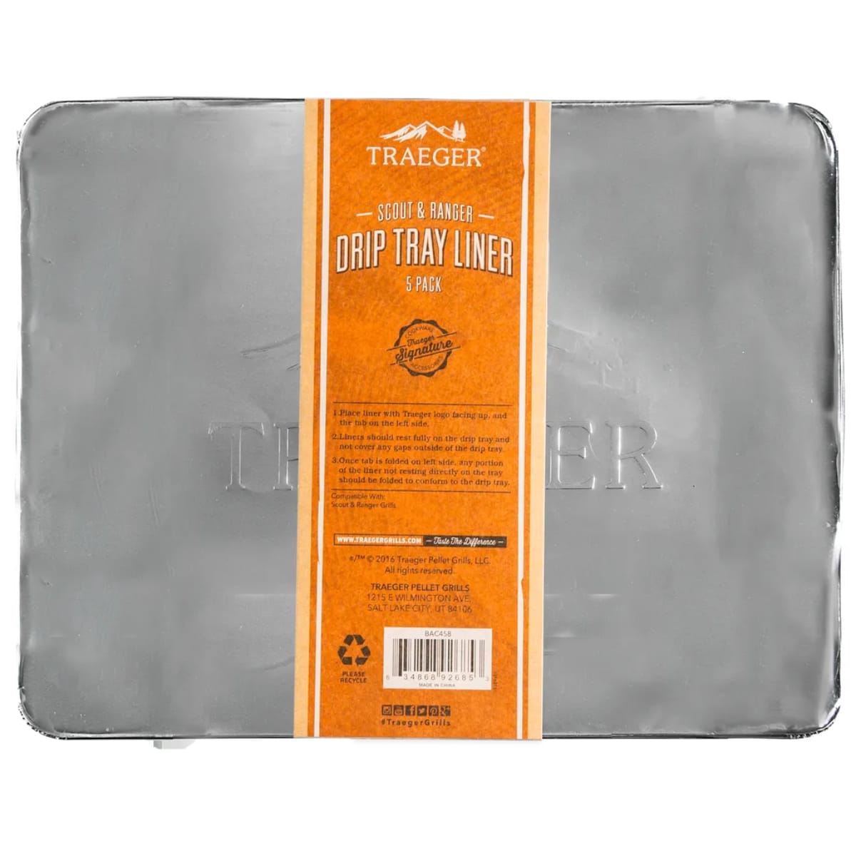 Traeger Ranger drip tray liner 5-pack, disposable aluminum liners for easy cleanup during grilling.