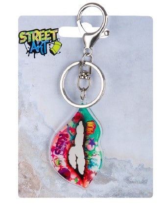 Multicolored metal Gilde key ring with a mouth-shaped design, featuring vibrant hues and a sturdy key chain attachment.
