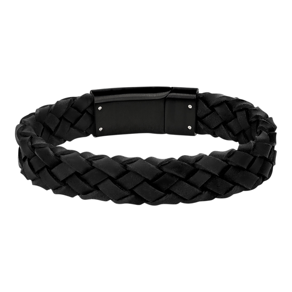 Black woven leather bracelet with clasp by ARZ Steel, stylish accessory with a sleek design and durable construction.
