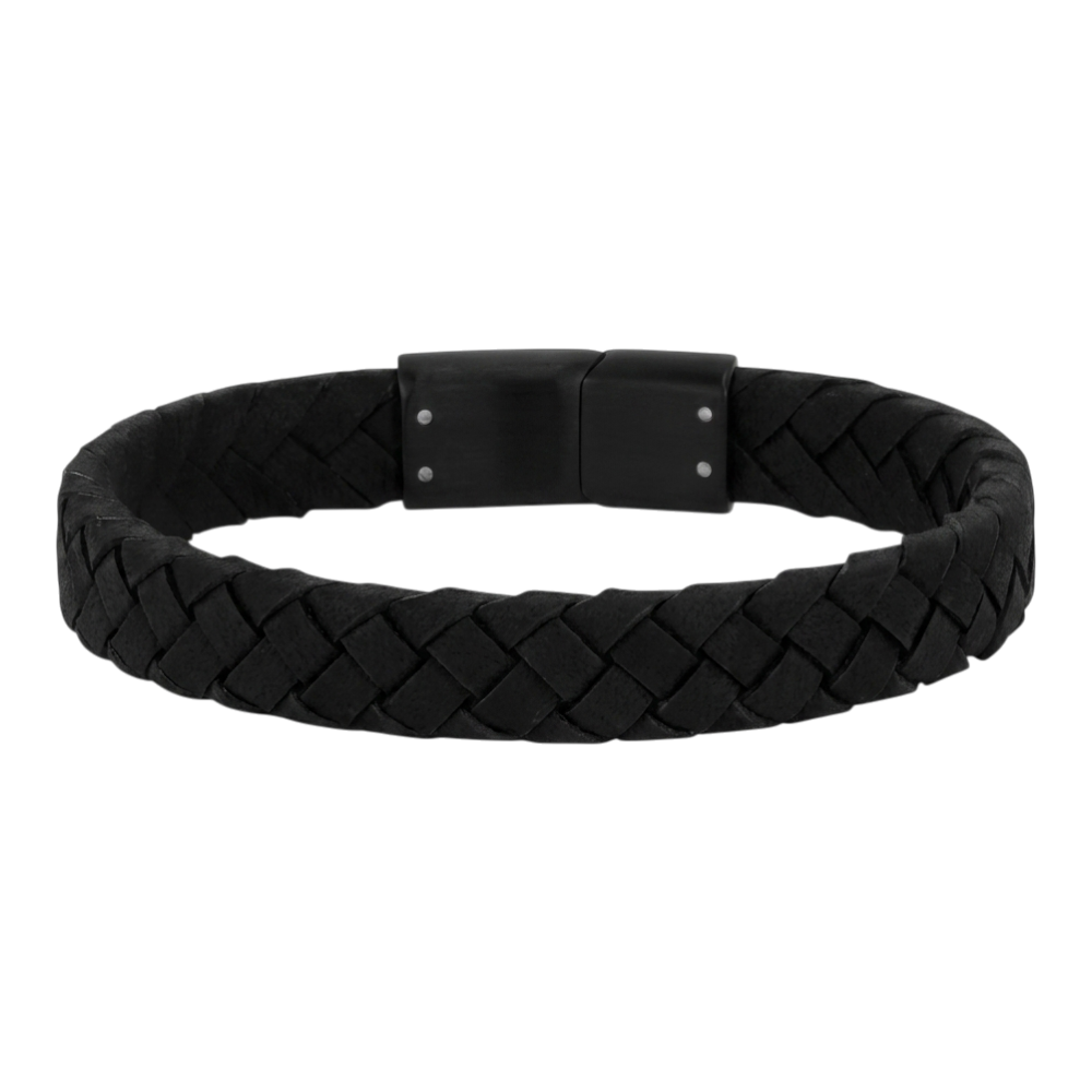 Black leather flat thick bracelet by ARZ Steel, featuring a sleek and sturdy design with metallic accents.